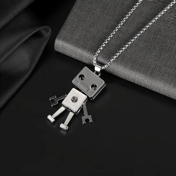 Silver Robot Pendant Necklace Cute Cartoon Toy Figure Geek Gamer Gift Unisex - Picture 6 of 7